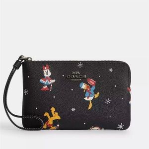 Disney X Coach Corner Zip Wristlet With Holiday Print Christmas Mickey